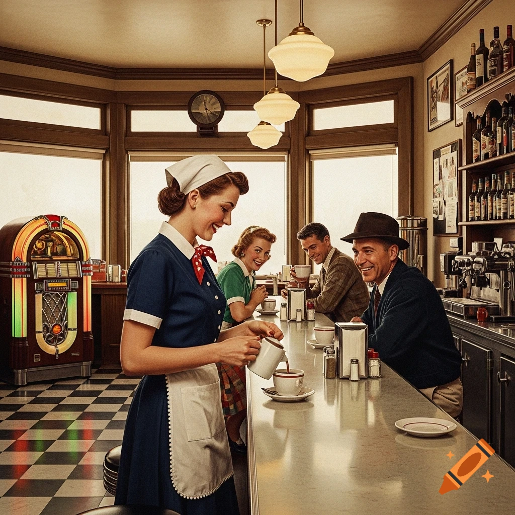 A smiling waitress serves coffee to customers at a retro diner counter, featuring a jukebox and checkered floor.