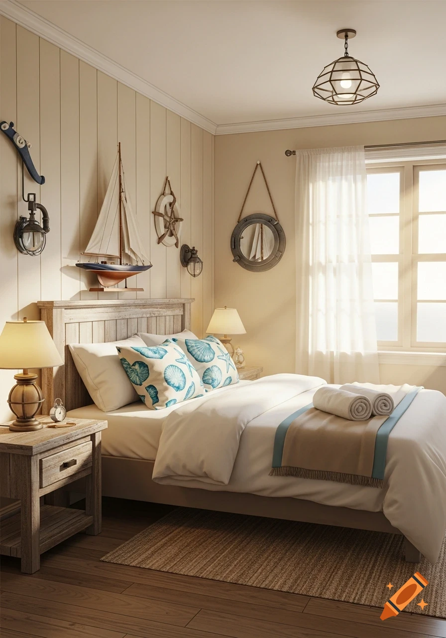 A sunlit nautical-themed bedroom with a wooden bed, seashell pillows, boat models, and a porthole mirror on light paneled walls.