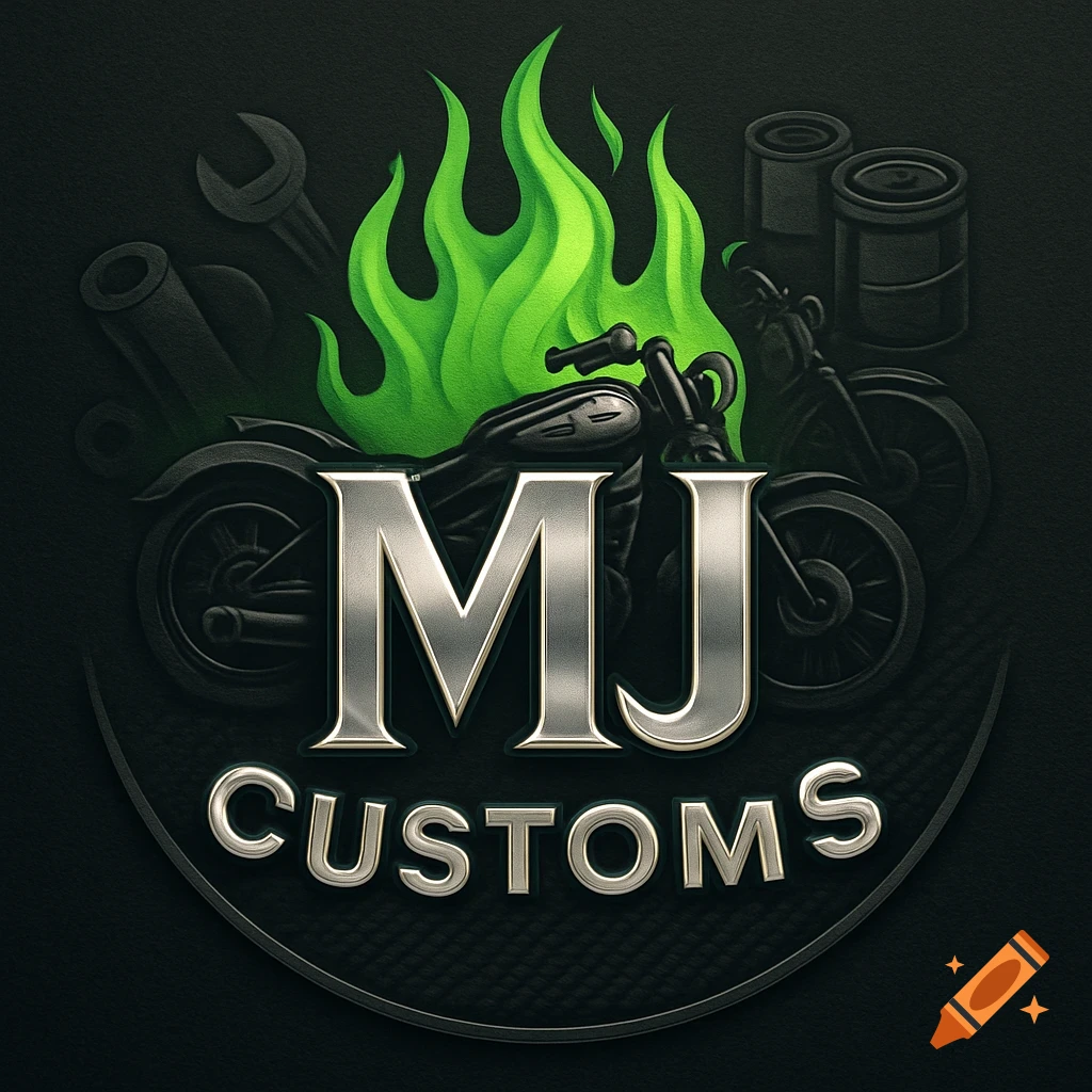 Dark logo with silver metallic "MJ" and "CUSTOMS" text, green flames, a motorcycle, wrench, and paint cans.