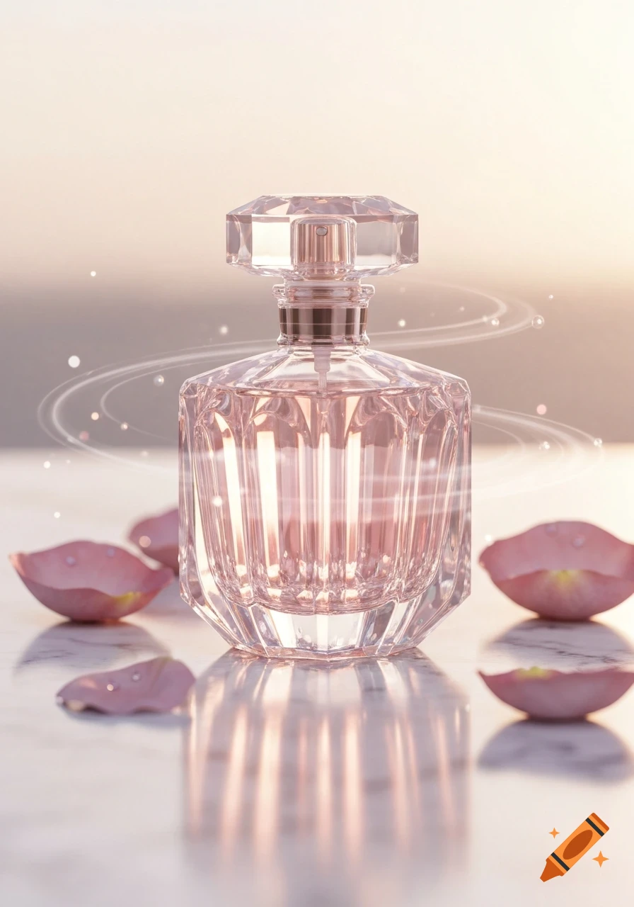 A faceted glass perfume bottle with pink liquid, surrounded by dew-kissed pink rose petals and sparkling light on a reflective surface.