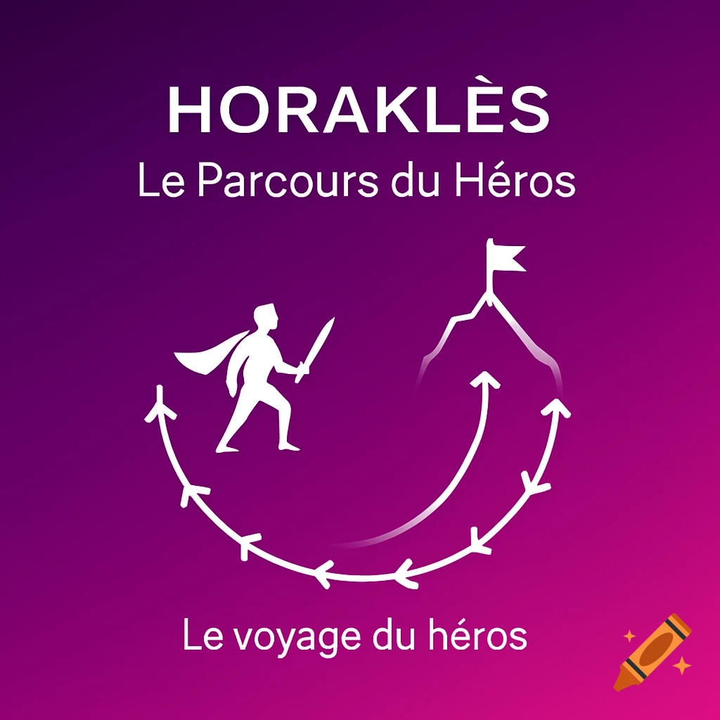 Minimalist graphic with a hero holding a sword, depicted on a circular path towards a flag on a mountain, set against a purple gradient background with white text.