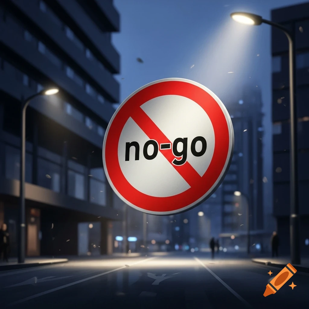 A glowing red and white 'no-go' prohibition sign floats over a wet city street at night with streetlights and buildings.