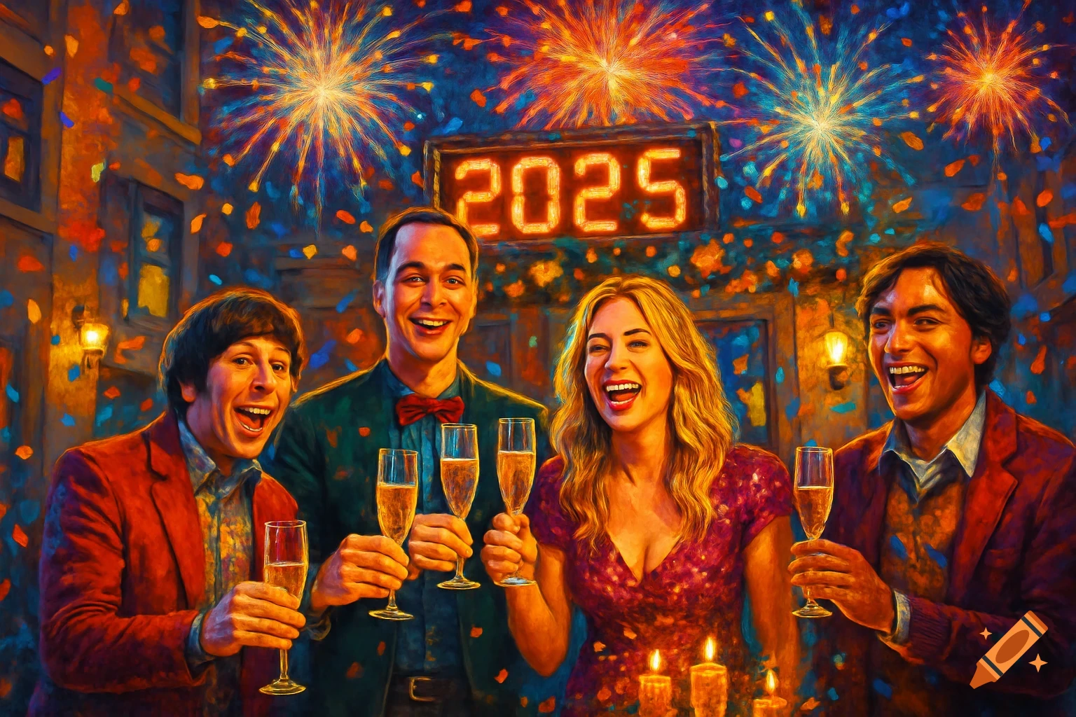 Painting of four people, resembling The Big Bang Theory cast, celebrating New Year's Eve 2025 with champagne and fireworks.