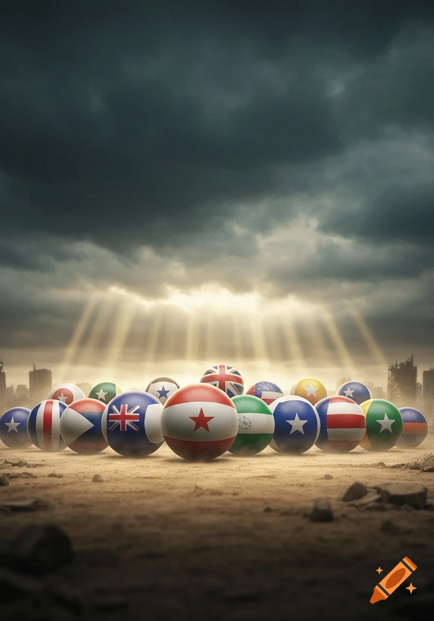 Numerous spheres with national flags on arid ground under a dramatic, stormy sky with rays of light, city skyline in background.