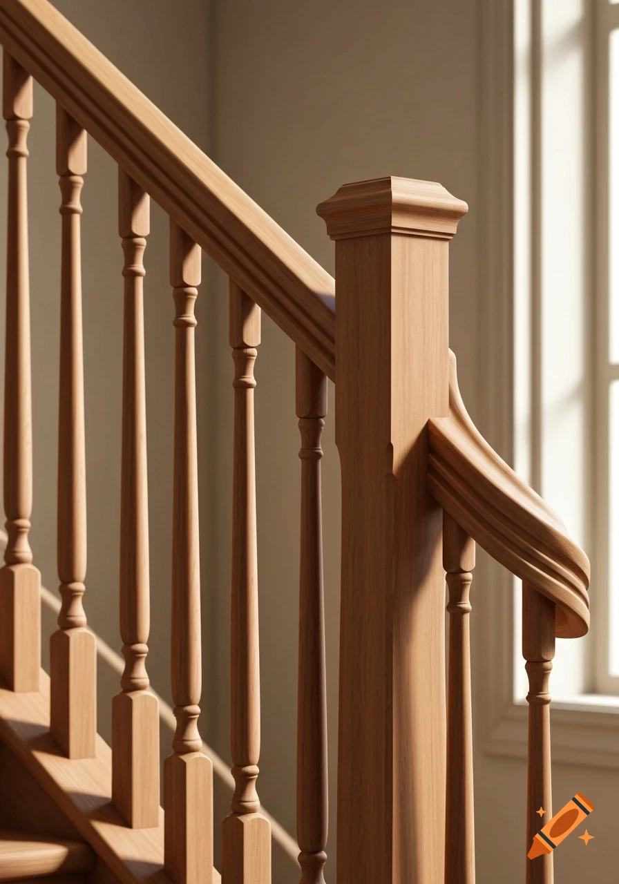 Close-up of an elegant light wood staircase railing and banister with natural light from a window.