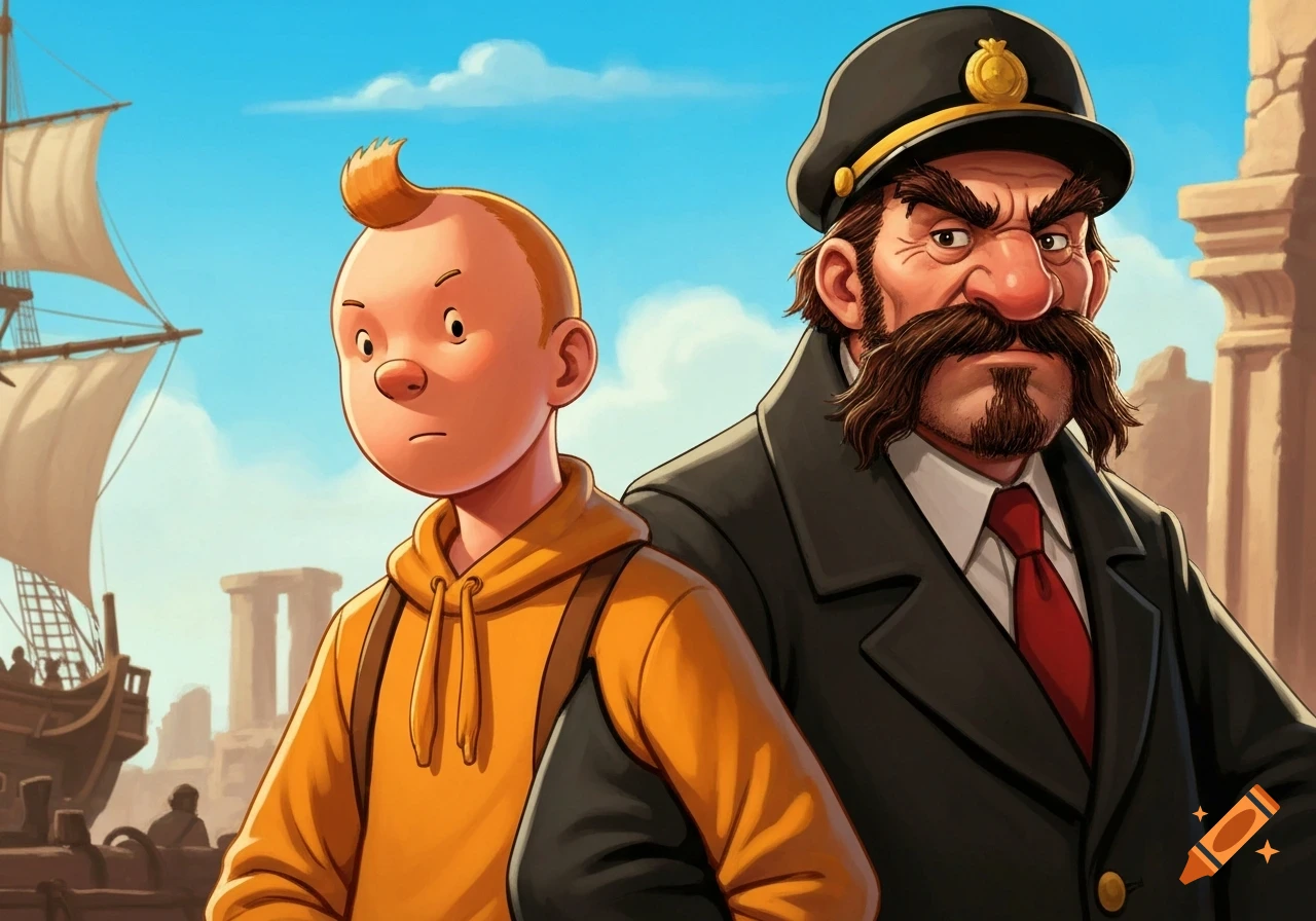 Cartoon illustration of Tintin and Captain Haddock standing outdoors near a sailing ship and ancient ruins.