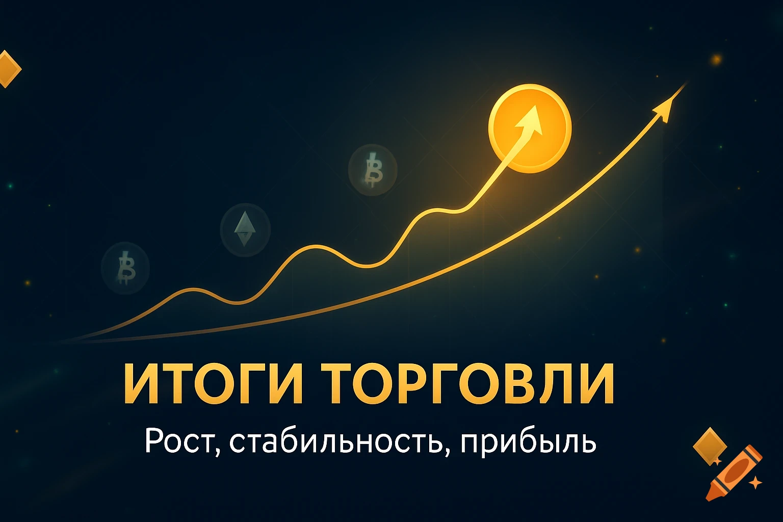 A graphic illustrating an upward financial trend with crypto symbols and Russian text 'ИТОГИ ТОРГОВЛИ' (Trading Results).