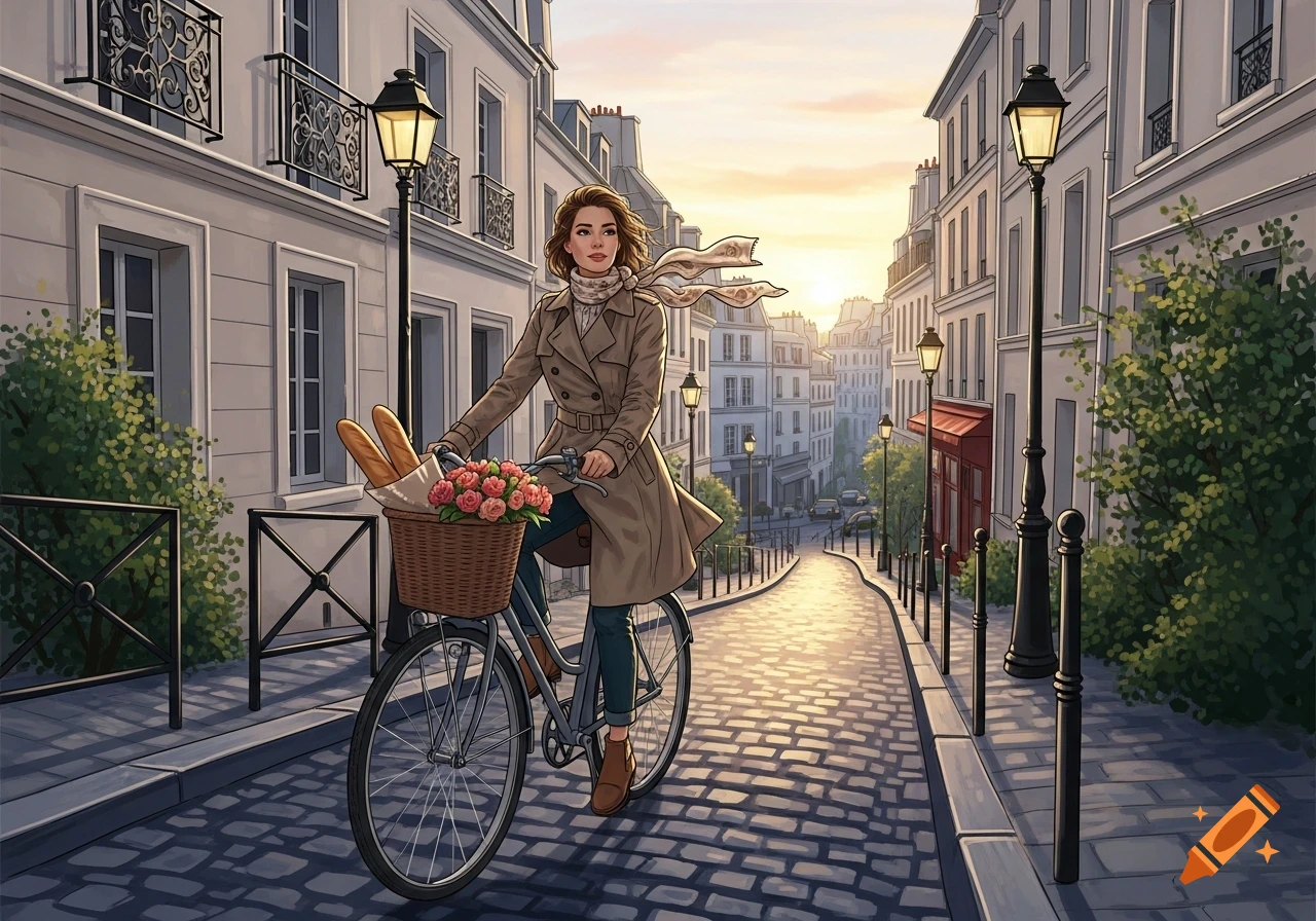 Illustrated woman in a trench coat riding a bike with baguettes and flowers on a cobblestone Parisian street at sunset.