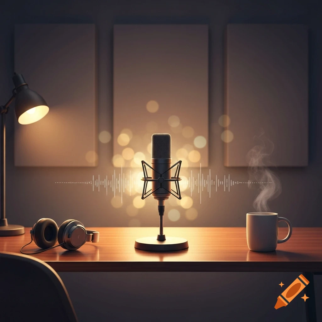 A dimly lit podcast setup featuring a microphone, headphones, a steaming mug, and a desk lamp on a wooden desk with bokeh lights.