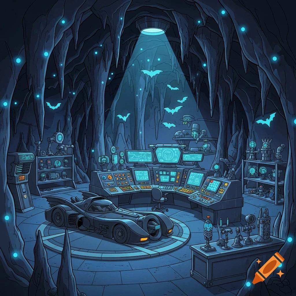 A cartoon illustration of the Batcave interior, featuring the Batmobile ...