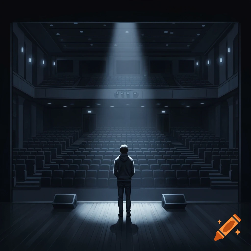 A solitary figure stands on a spotlighted stage, looking out at the rows of empty seats in a dark theater. Digital illustration.