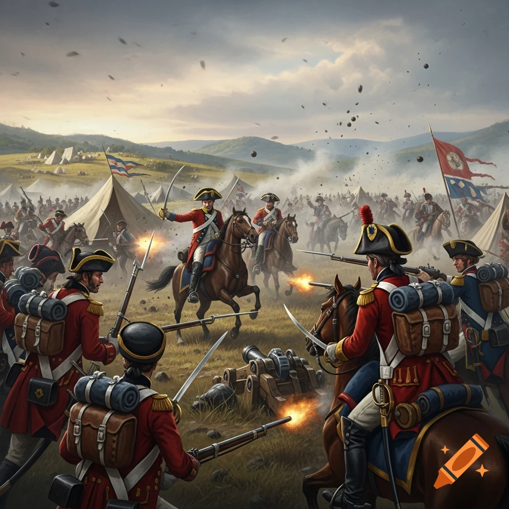 A detailed illustration of an 18th-century battle with soldiers in red coats fighting on horseback and foot, muskets firing, cannons, and encampment tents.