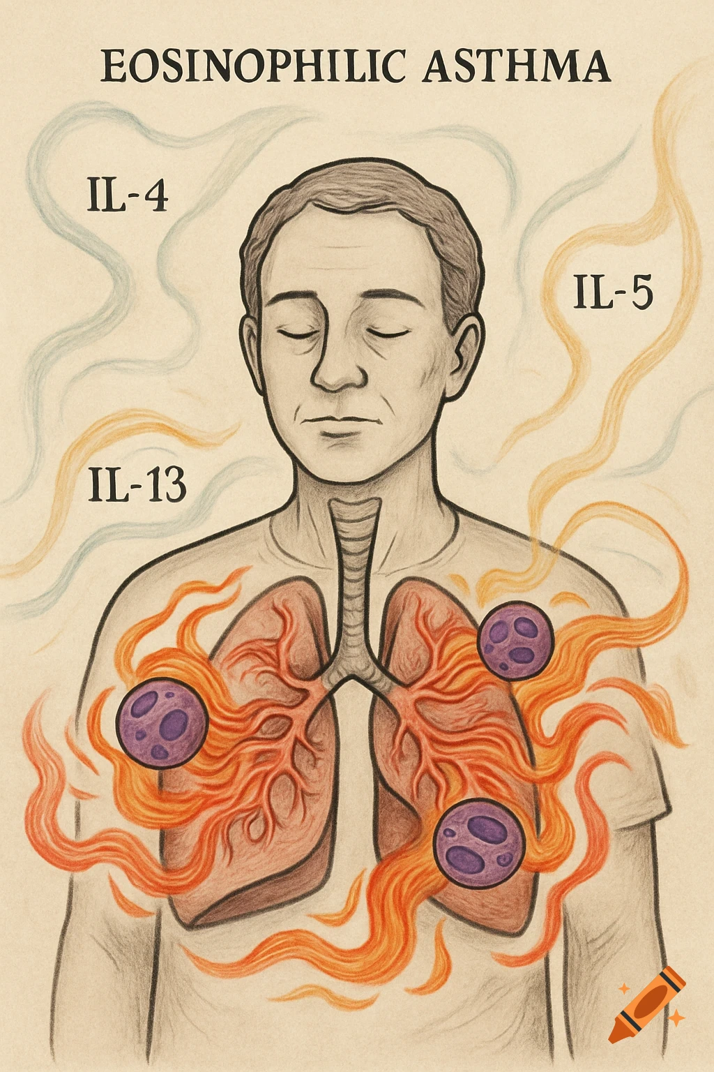 Medsketchy illustration of a person with eosinophilic asthma, showing lungs with inflammation and labels IL-4, IL-5, IL-13.
