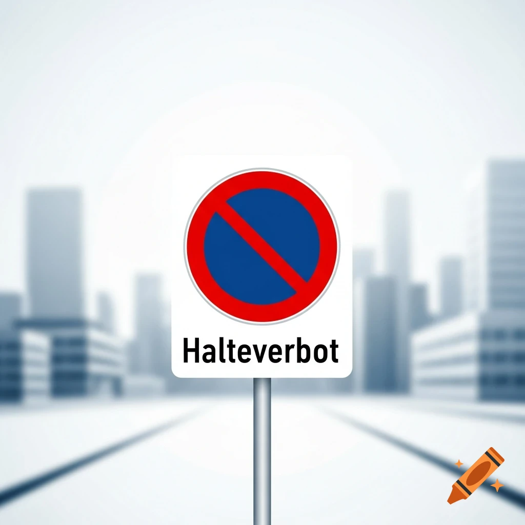 A German no-stopping sign with 'Halteverbot' text, set against a blurred city background.