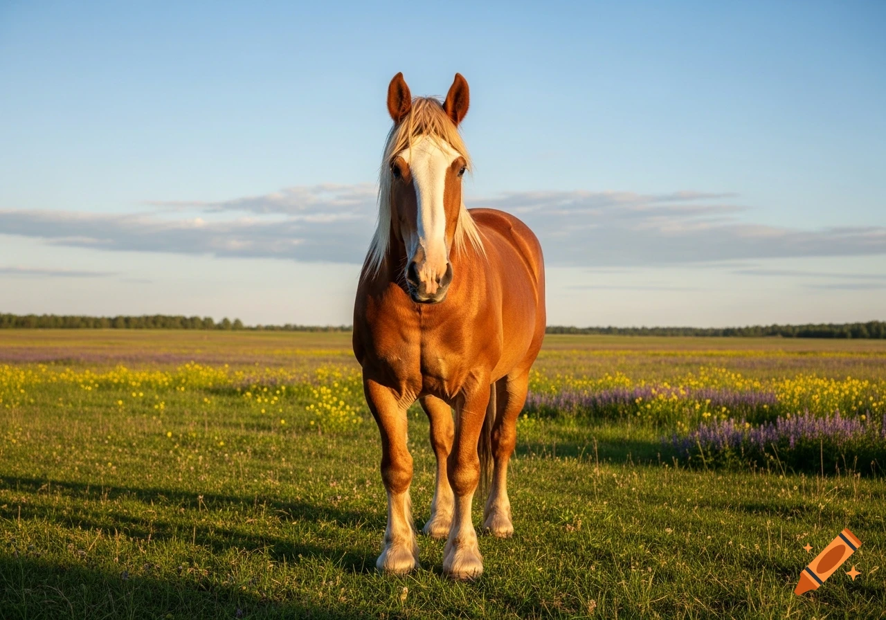 A majestic brown horse with a white blaze on its face stands in a vibrant green and purple wildflower field under a blue sky.