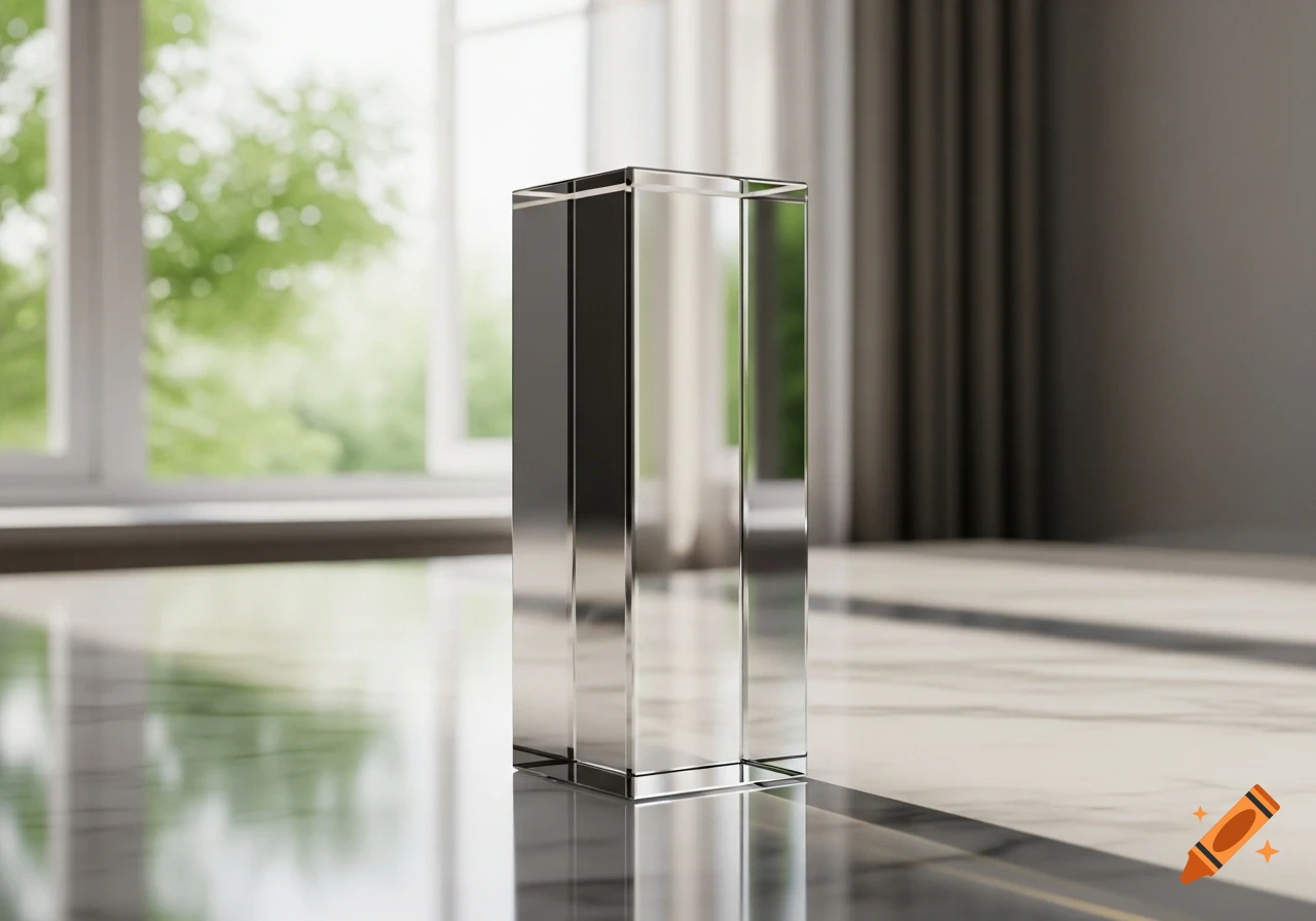 A tall, rectangular glass object stands on a shiny marble floor in a bright room with a large window and green trees outside, photorealistic.