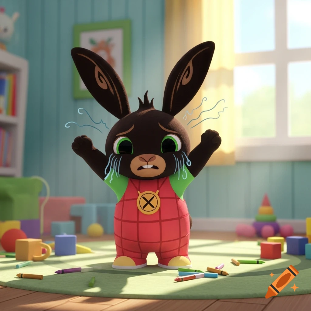 A crying brown cartoon rabbit wearing red overalls with an X symbol, standing in a brightly lit playroom with scattered toys.