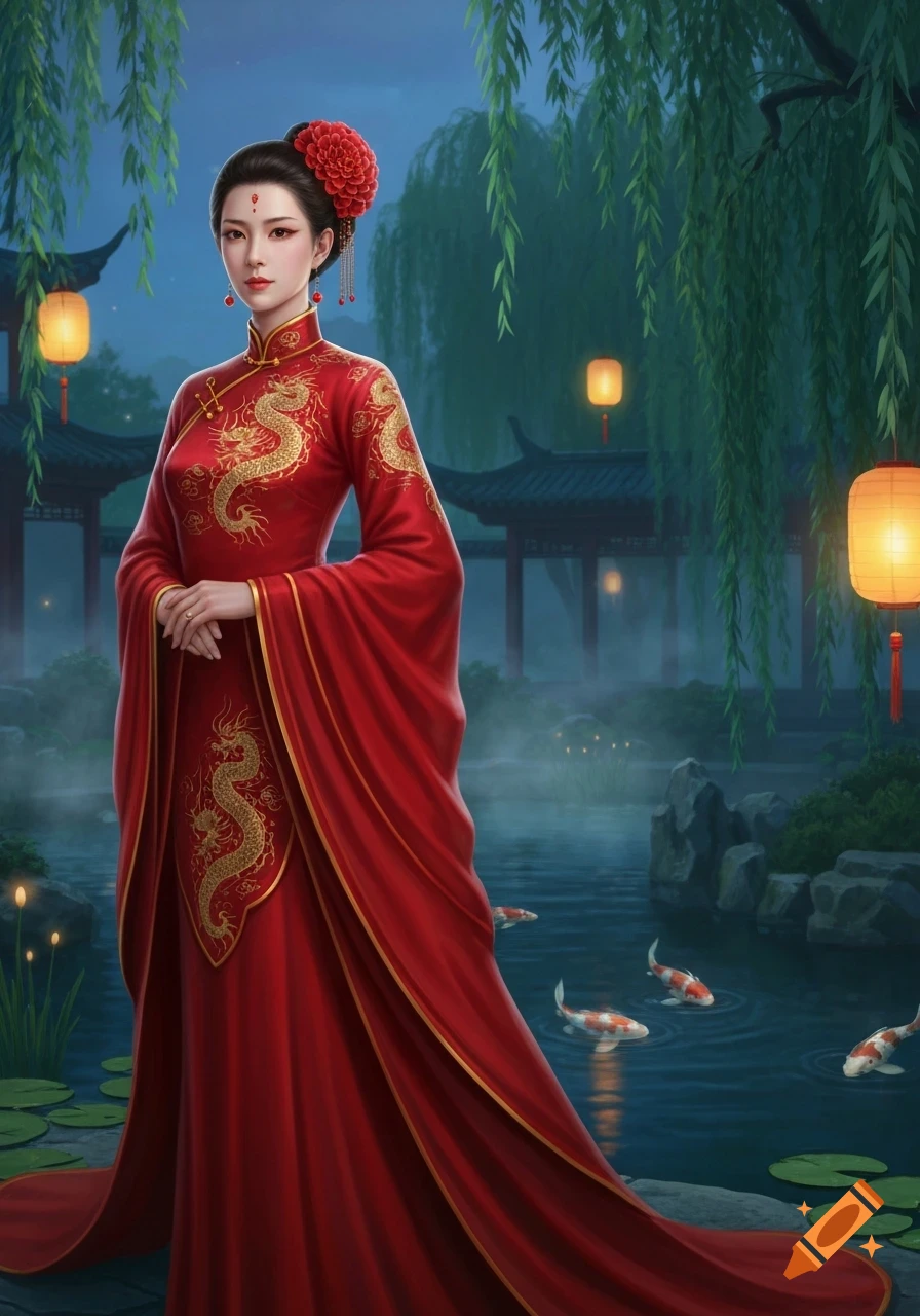 Beautiful Chinese lady in a red dragon-embroidered dress and red flower, in a serene traditional garden with lanterns and koi pond.