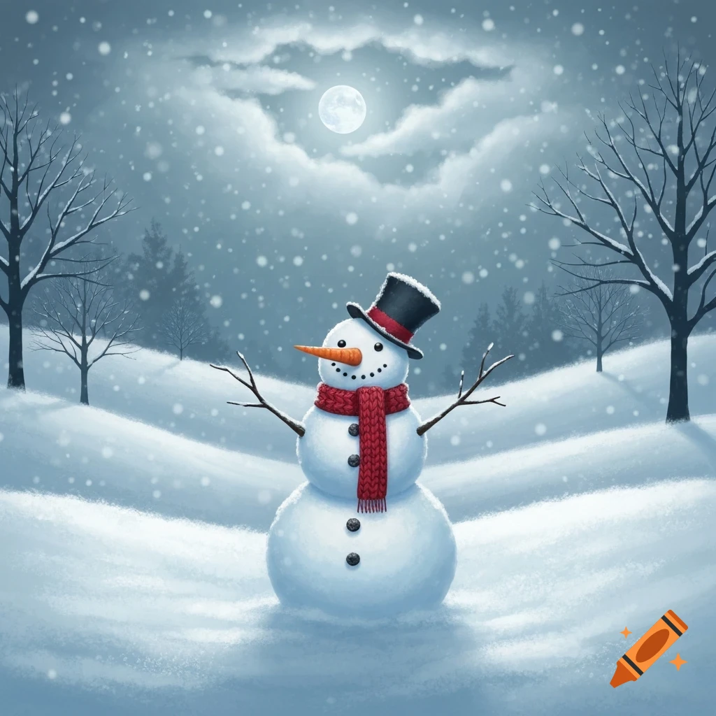 A cheerful snowman wearing a black top hat and red knitted scarf stands in a snowy winter landscape under a full moon.
