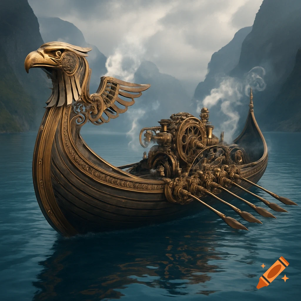 Steampunk Viking longboat with an eagle figurehead and mechanical oars on a calm fjord lake with misty mountains.