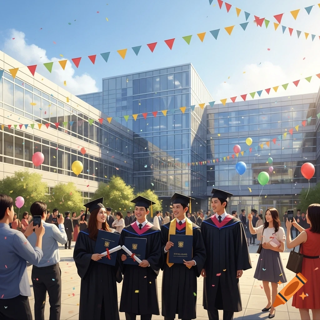 Asian graduates in caps and gowns hold diplomas at a modern university courtyard during a festive graduation ceremony, with colorful banners and balloons.
