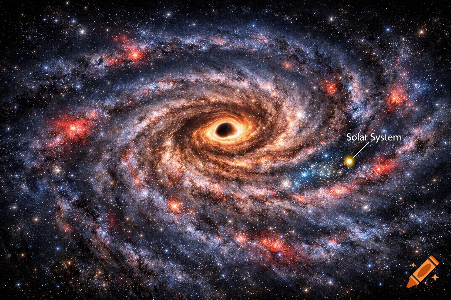 A spiral galaxy with a central black hole and numerous stars, with a yellow star labeled "Solar System" in an arm.