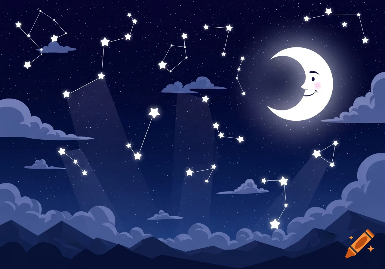 Cartoon night sky with shining stars forming constellations, fluffy clouds, distant mountains, and a smiling crescent moon.