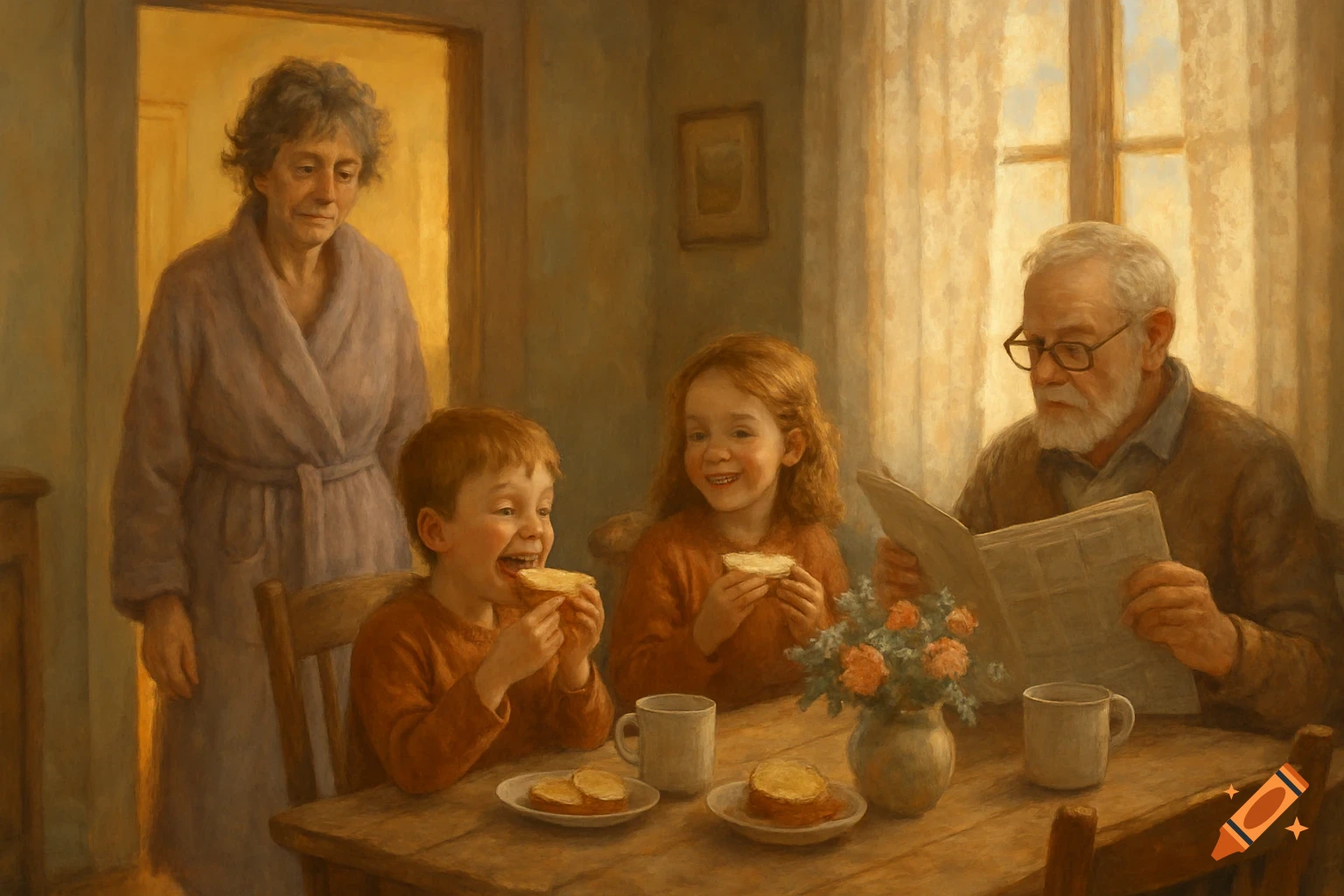 A family scene painted in an impressionistic style shows grandparents and two children at a wooden table, eating and reading.