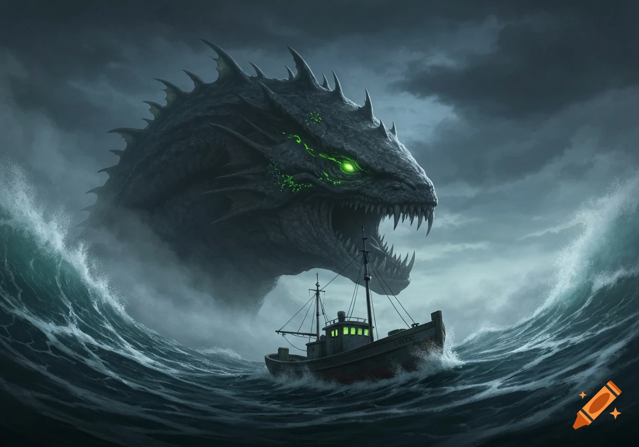 Giant dark sea monster with glowing green eyes rising from stormy ocean waves, looming over a small fishing boat.