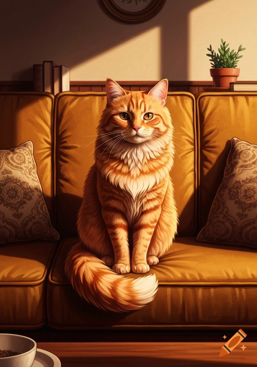 An orange tabby cat with a white chest sits proudly on a golden-yellow couch, illuminated by warm sunlight in an illustration.