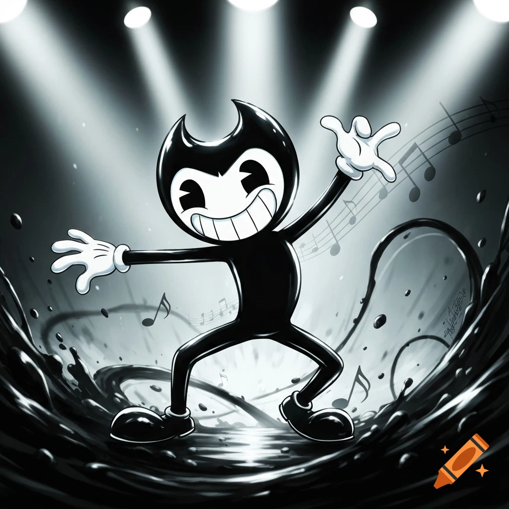 Bendy the dancing demon, a black and white cartoon character, smiles and dances amidst ink splatters and musical notes under spotlights.