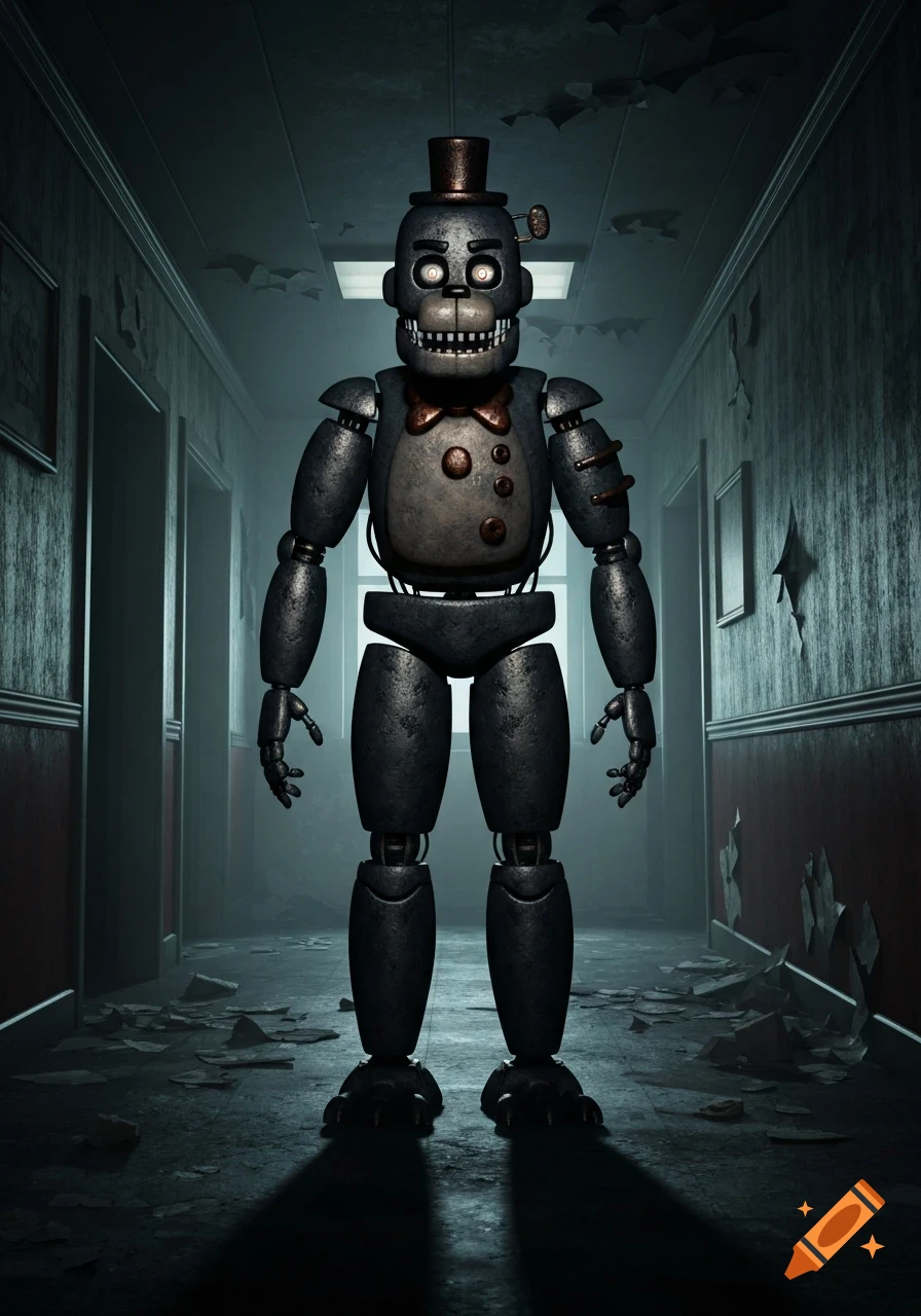 A creepy dark grey animatronic robot with glowing eyes, a top hat, and a bow tie stands in a decaying, dimly lit hallway.