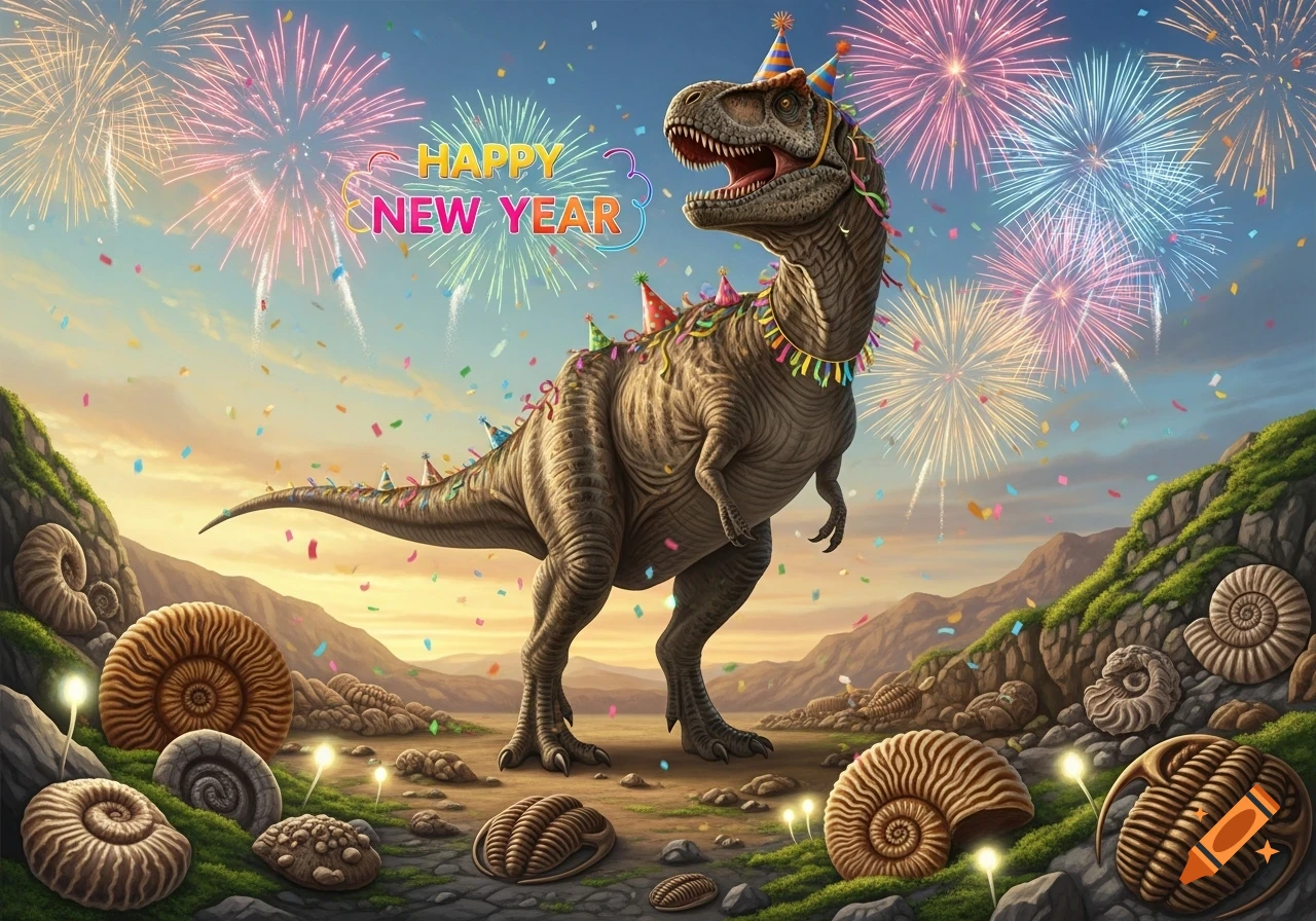 A cartoon T-Rex in party hats and garland stands among fossils, with colorful fireworks and confetti, against a sunset sky. Text reads "HAPPY NEW YEAR".