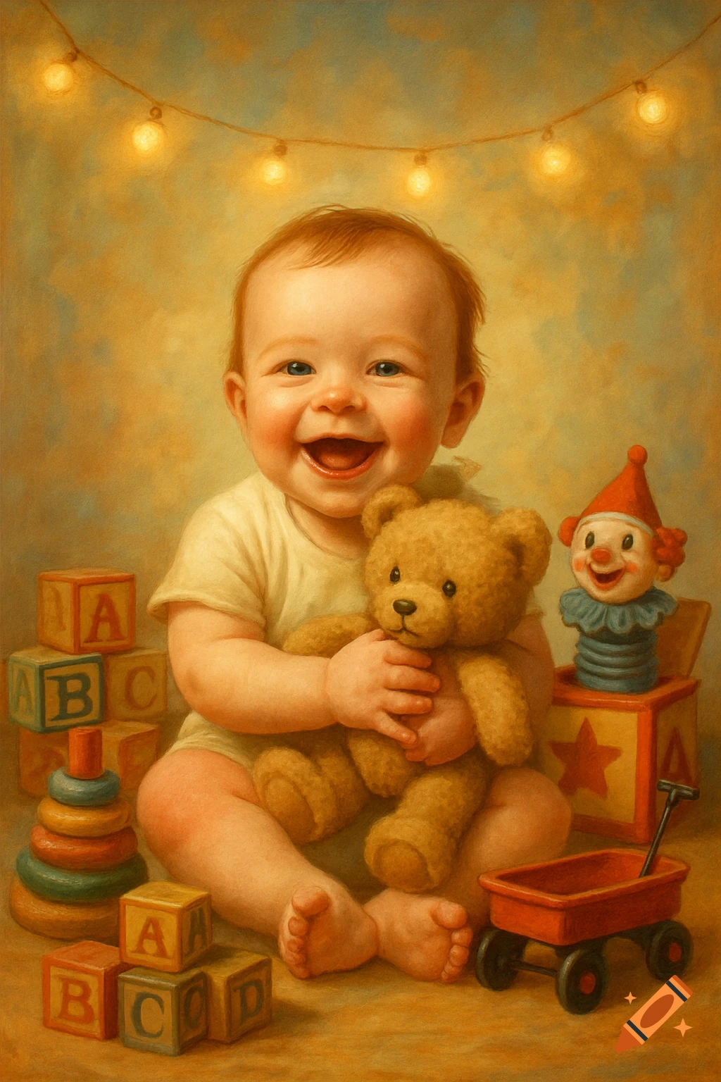 Smiling baby holding a teddy bear, surrounded by alphabet blocks and toys, with string lights above, in a warm painterly style.