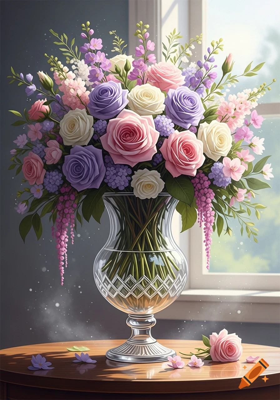 A large, colorful bouquet of pink, purple, and white roses with other small flowers in a clear, ornate glass vase on a wooden table.