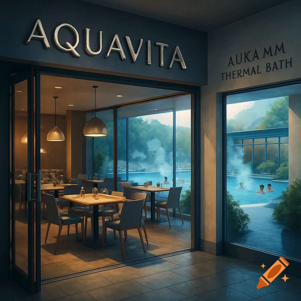 A modern restaurant called Aquavita with a dining area visible through large glass windows, adjacent to an outdoor thermal bath with people swimming, set against a backdrop of lush green mountains.