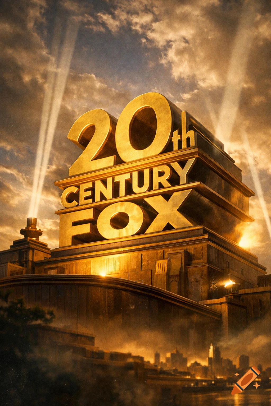 Golden 20th Century Fox logo, illuminated by searchlights against a cloudy sky, towering over a city skyline at dusk.