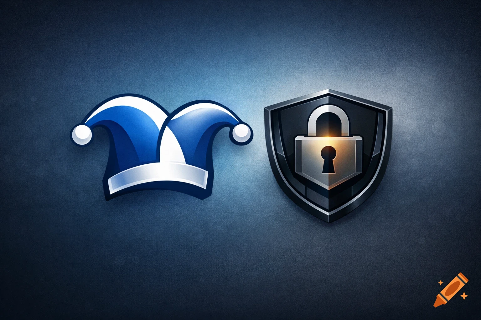 A stylized blue and white jester's cap next to a metallic black shield with a glowing golden padlock on a dark blue textured background.