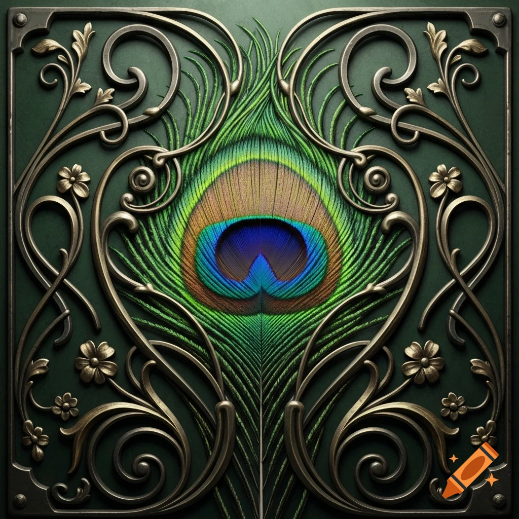 Vibrant peacock feather with a blue eye surrounded by intricate bronze Art Nouveau wrought iron scrolls and flowers on a dark green background.