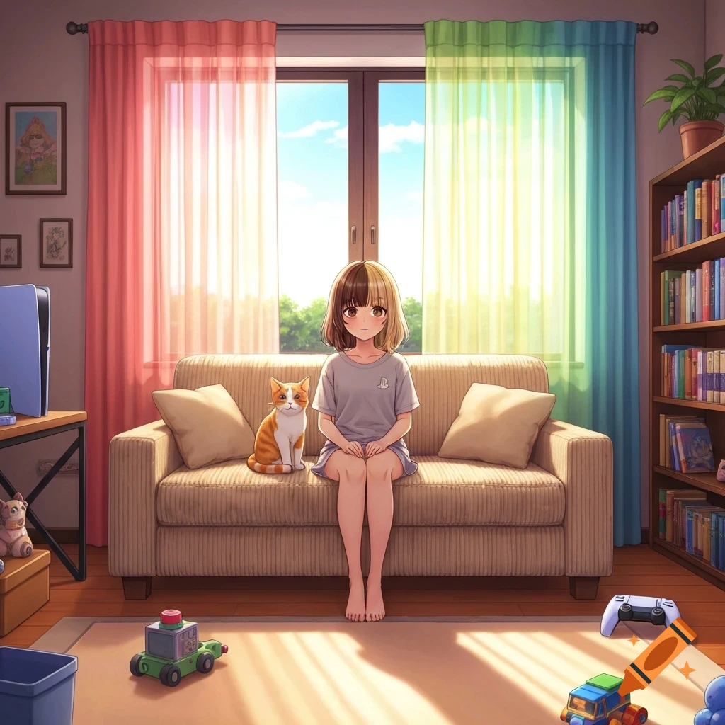Anime girl with bicolored hair sits on a beige couch with an orange and white cat, surrounded by colorful rainbow curtains.