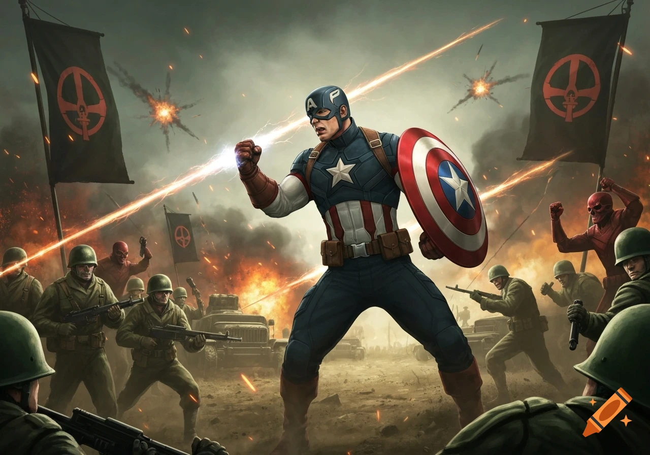 Captain America in a dynamic pose, fighting Red Skull and Hydra soldiers in an explosive battle with energy blasts.