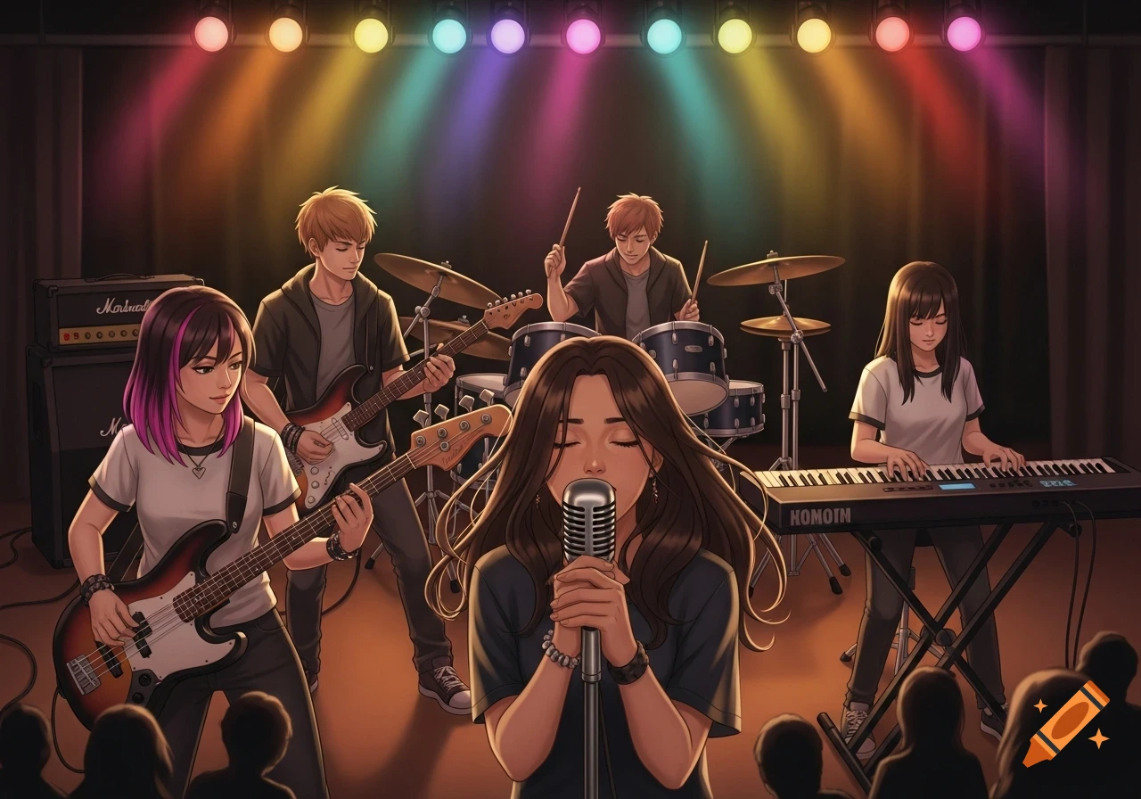 An anime-style band performs on stage under colorful spotlights, with a female singer front and center, two male guitarists, a male drummer, and a female keyboardist.