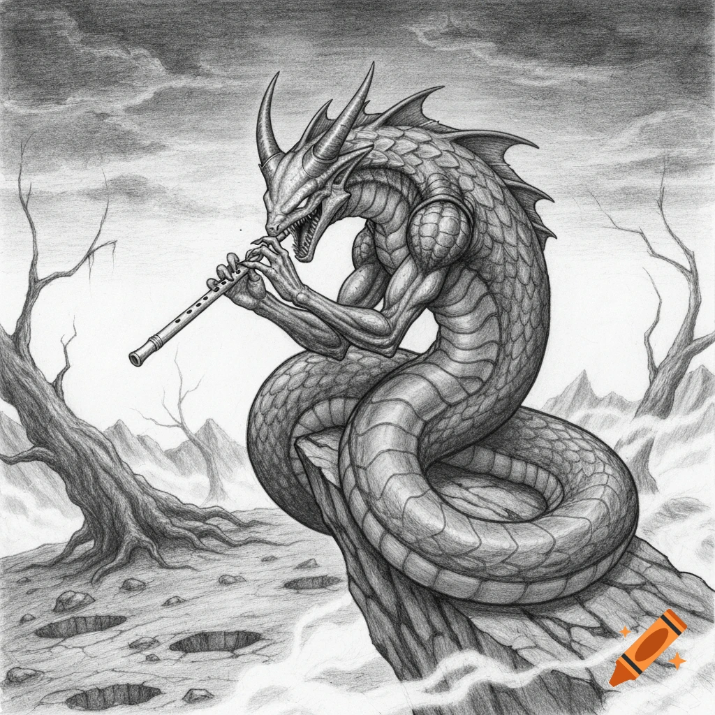 A pencil drawing of a horned, scaly Kraid-like creature playing a flute on a rocky outcrop in a desolate landscape.
