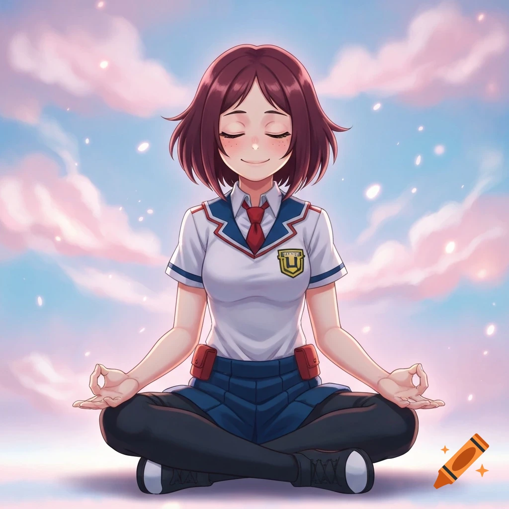 A brown-haired anime girl with her eyes closed, wearing a school uniform, sits cross-legged and meditates against a cloud-filled sky.