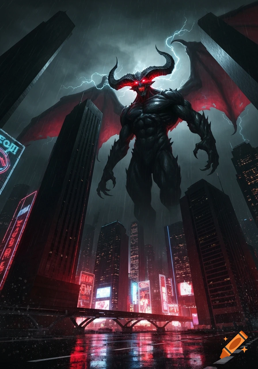 A massive horned demon with glowing red eyes and large red wings hovers over a dark, rainy cyberpunk city with neon lights and tall skyscrapers.