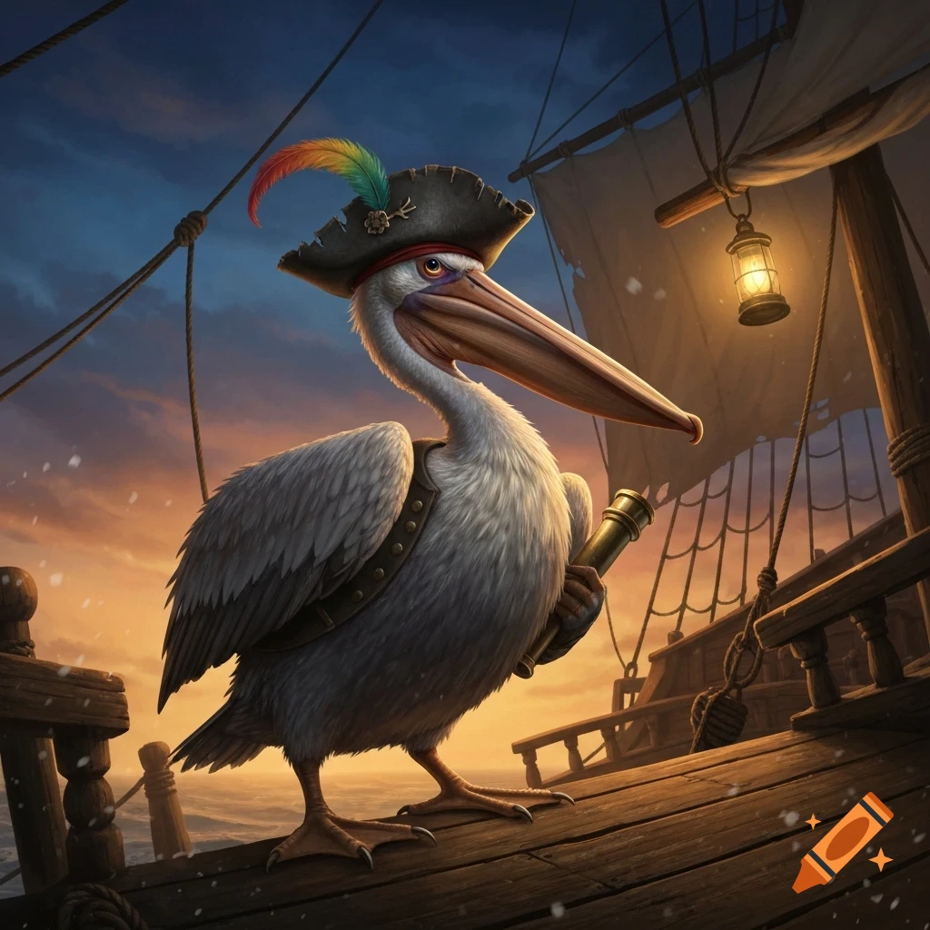 A majestic pelican dressed as a pirate, wearing a tricorn hat with a feather and a vest, stands on the wooden deck of a ship at sunset, holding a spyglass. The sky is a blend of blue and orange, with sails and rigging in the background.