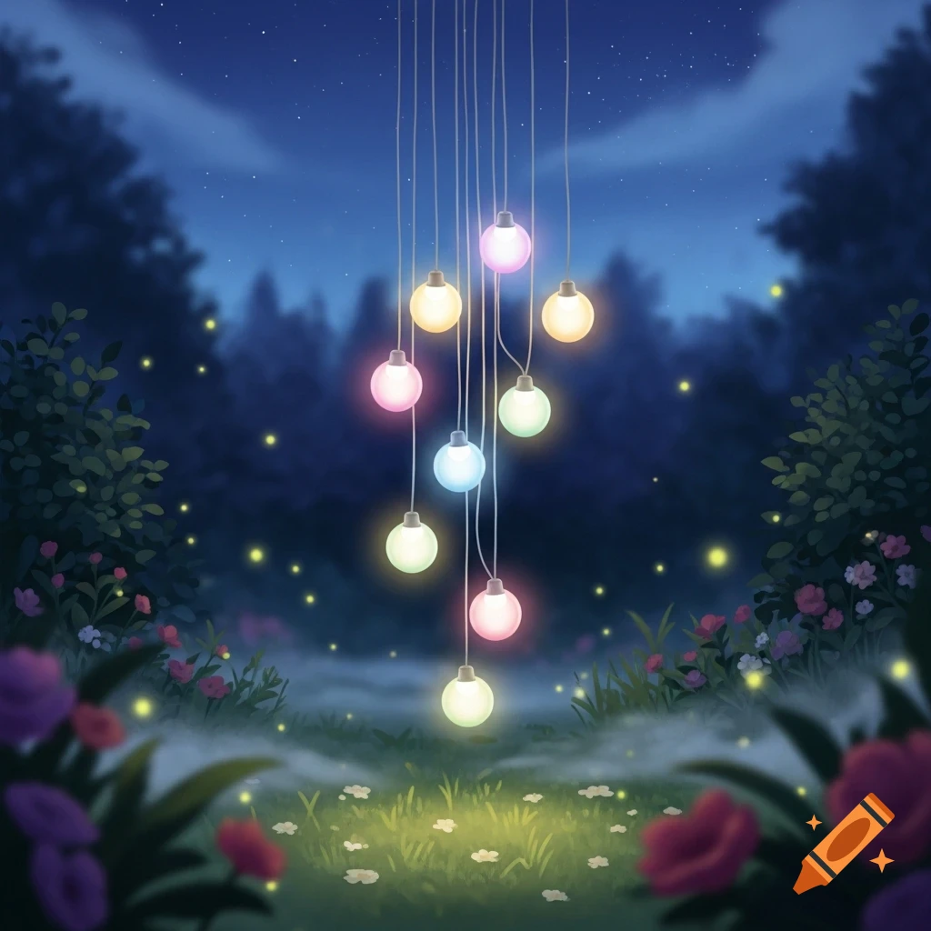 Colorful fairy lights hanging in a mystical, dark forest at night with glowing fireflies.