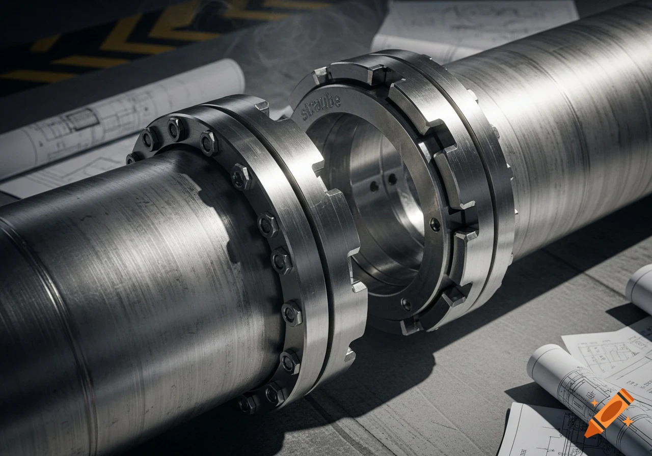 Close-up of two large metal pipes joined by a detailed mechanical coupling, with blueprints in the background, photorealistic style.