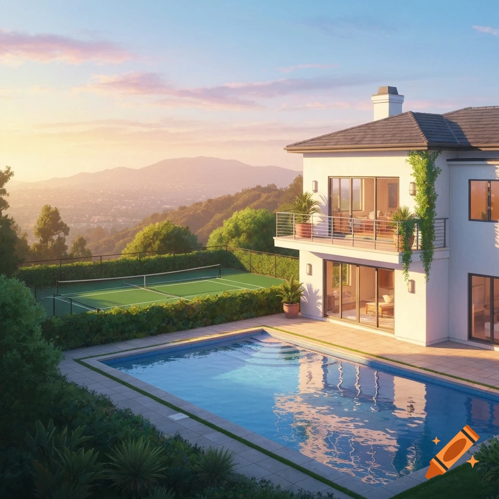 A luxurious two-story house with a pool and tennis court overlooking a valley and mountains under a pastel golden-hour sky.