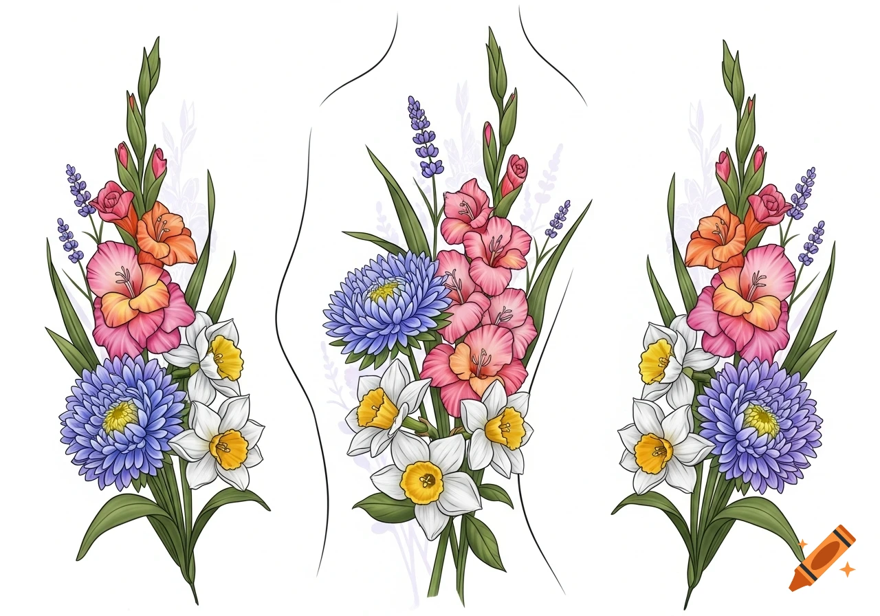 Detailed illustration of a colorful floral bouquet featuring gladiolus, aster, and narcissus, designed as a tattoo against a torso silhouette.